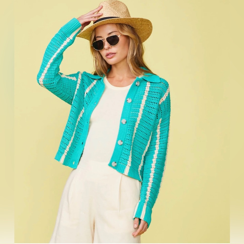 Monrow Crochet Knit Cardigan, Peacock Green/Buttercream